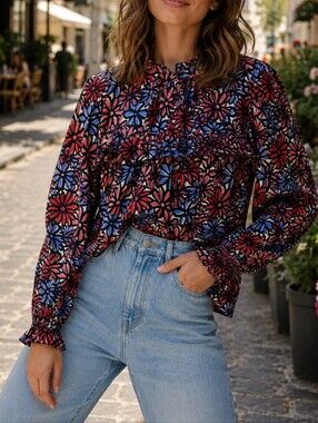 Compania Fantastica Floral Ruffle Yoke Blouse Black Red Blue Retro Boho Top